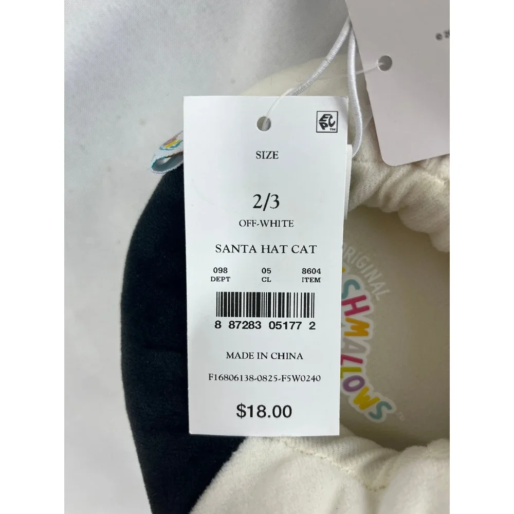 Squishmallows Santa Hat Cat Slippers‎ Off-White Red Holiday Kids Size 2/3 NEW